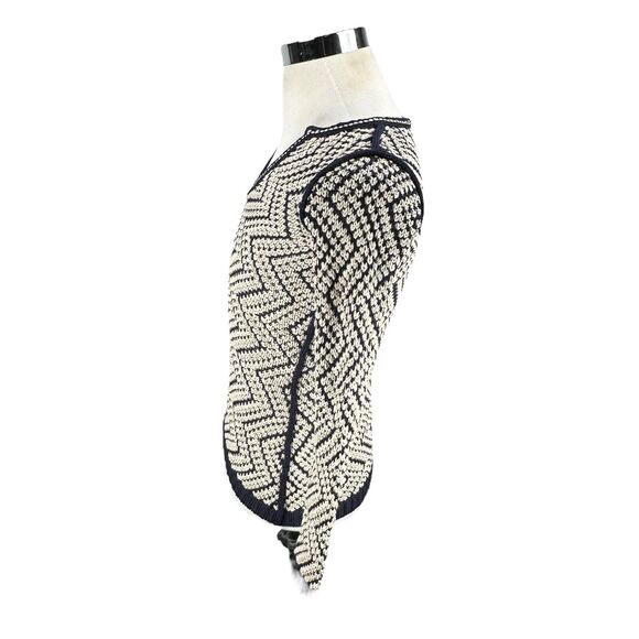 Tory Burch Crochet Tunic Sweater Womens XS Navy Beige Zig Zag V-Neck Knit Rayon - Picture 4 of 10